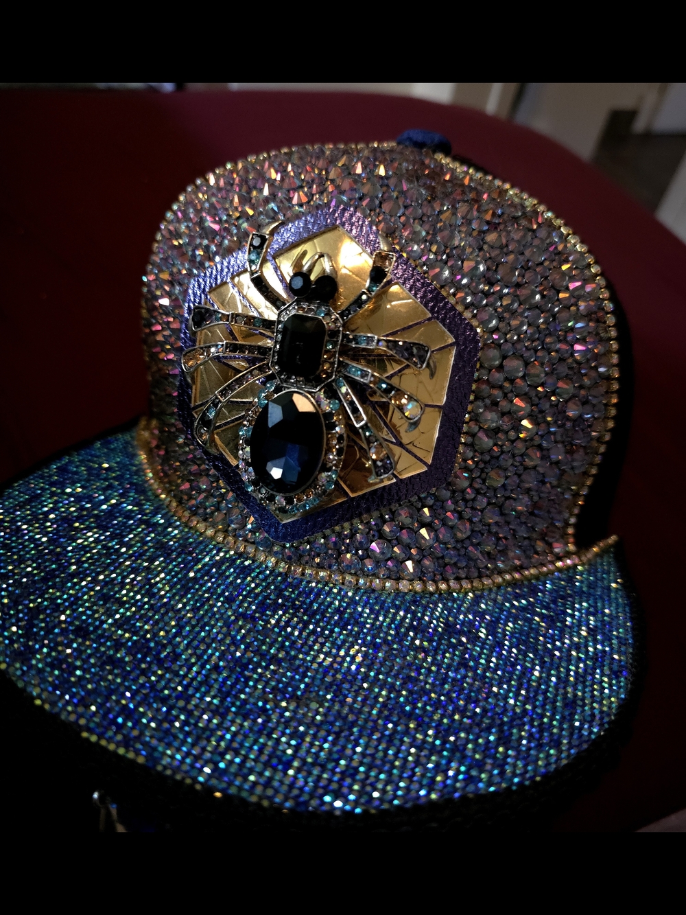 Embellished Blue And Black Rhinestone Spider Snapback Hat